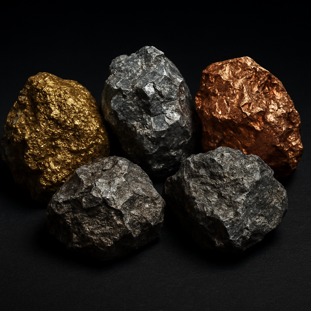 Muestras de minerales: oro, plata, cobre, plomo y zinc